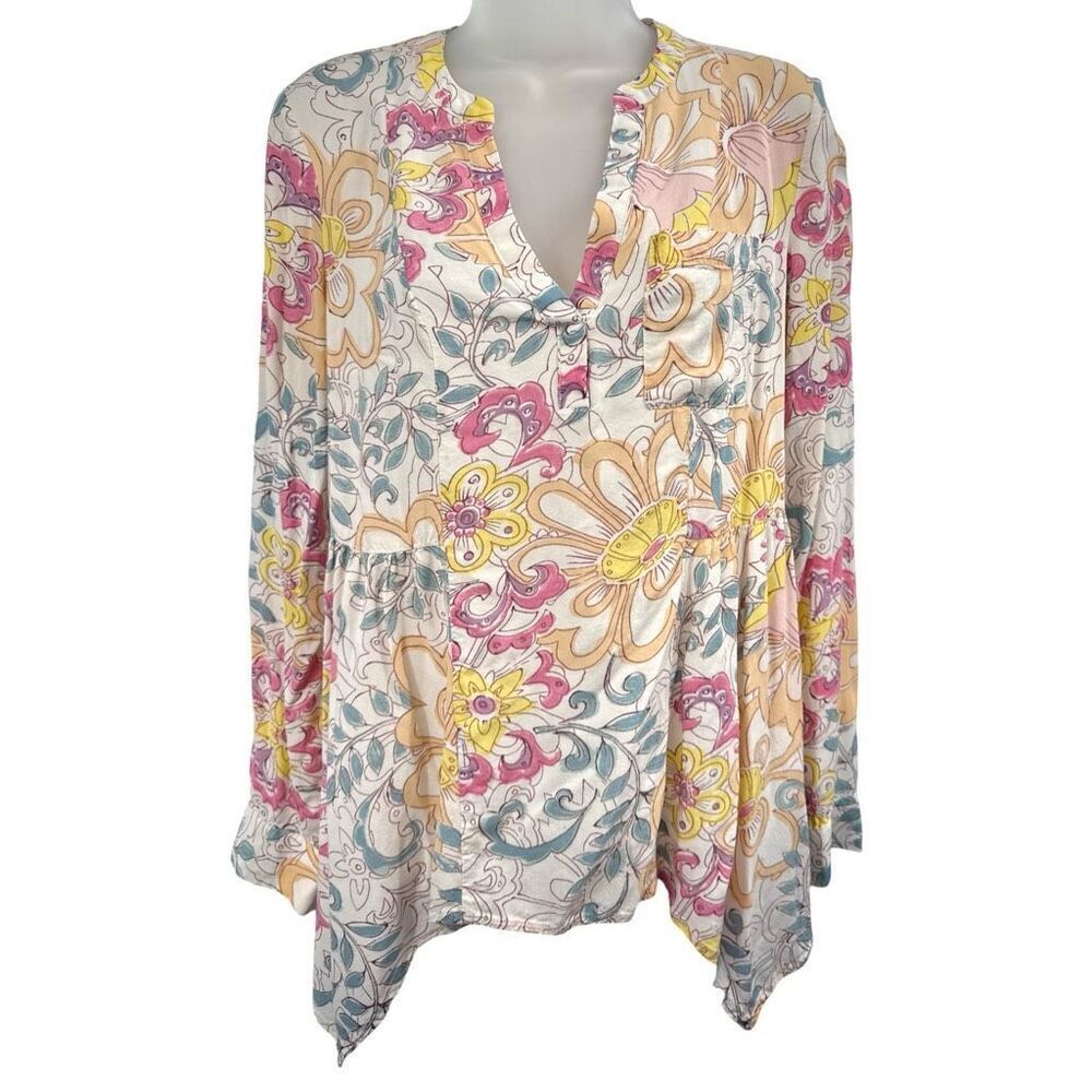 Maeve Anthropologie Floral Boho Top Blouse Shirt Womens Size 2 Long Sleeve Rayon